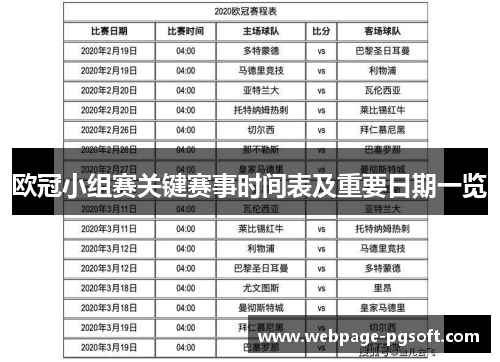 欧冠小组赛关键赛事时间表及重要日期一览