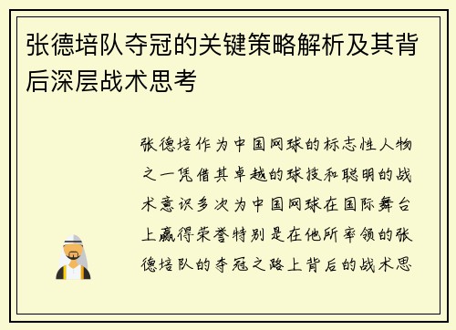 张德培队夺冠的关键策略解析及其背后深层战术思考