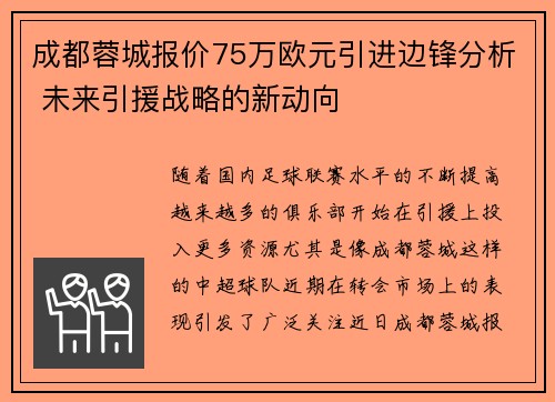 成都蓉城报价75万欧元引进边锋分析 未来引援战略的新动向