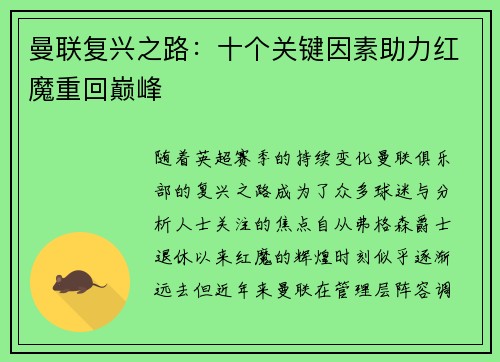 曼联复兴之路：十个关键因素助力红魔重回巅峰